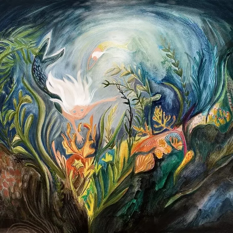 A magical underwater illustration of two mermaids diving underneath the ocean. The illustration is full colour and shows a coral reef , seaweed and startfish. There are 2 illustrated mermaids spirally down through the water. the illustration would be grea